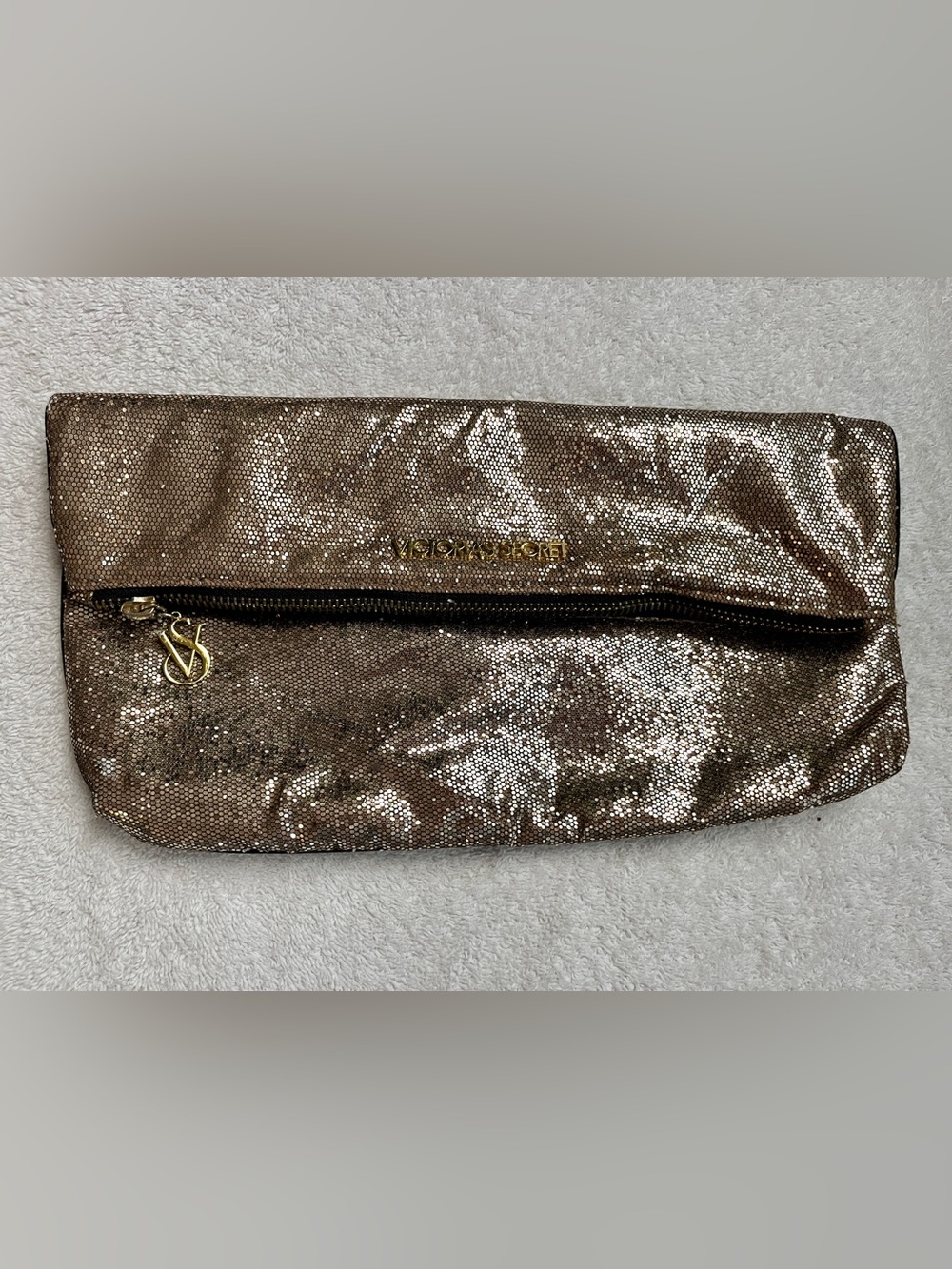 Victoria's Secret gold fold over large clutch, zipper, VS pull